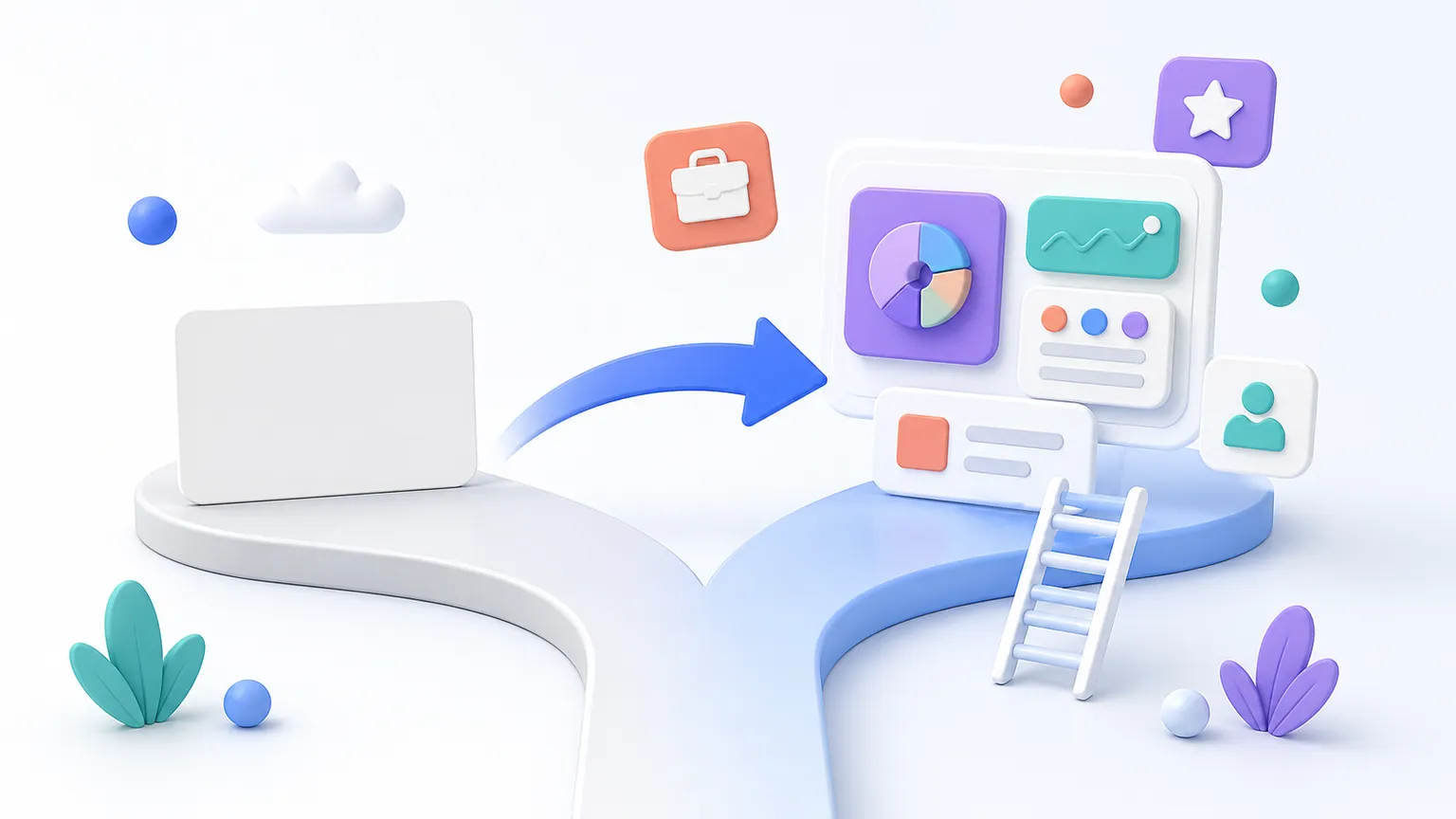전직·커리어 전환 — 갈림길과 방향 전환, 사다리를 표현한 3D 일러스트